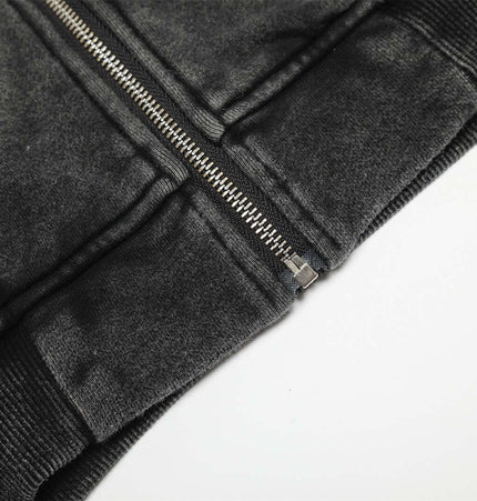 Retro Washed Zip Up Hoodie – Loose Fit close-up showing zipper detail and soft black fabric.
