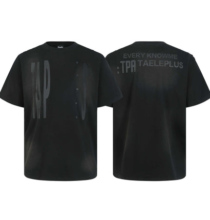 Washed Spray Print TShirt – Loose Fit, black tee with bold graphic print front and back, relaxed casual style.