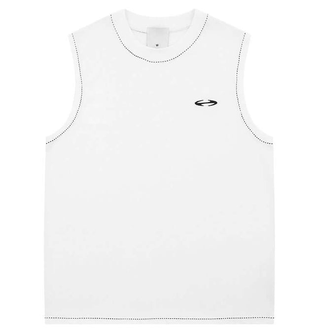 Color Block Tank Top - Loose Fit in white with sleeveless design and contrasting stitch details.