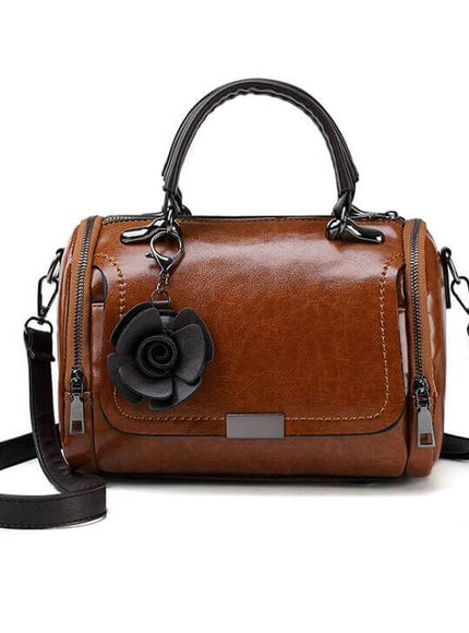 Model wearing Brown flower shoulder bag by Grozavu