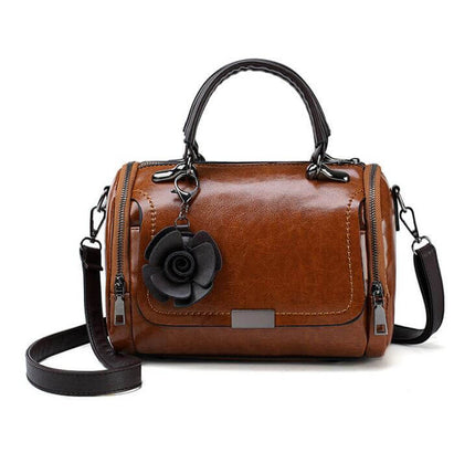 Model wearing Brown flower shoulder bag by Grozavu