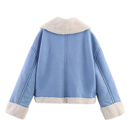 Back view of a Loose Fit Short Zip Jacket in classic blue with a soft collar and cuffs.