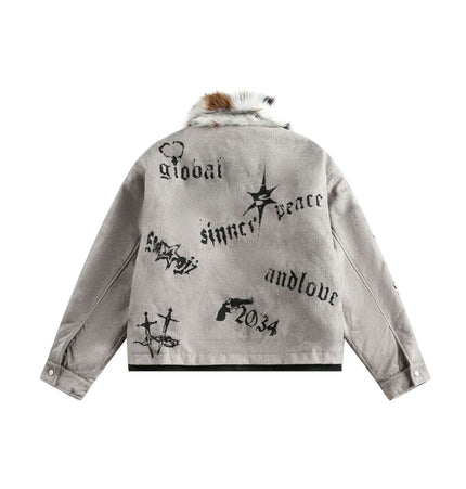 Graffiti Faux Fur Collar Coat – Loose Fit featuring bold graffiti detailing and plush faux fur collar on a short-length jacket.