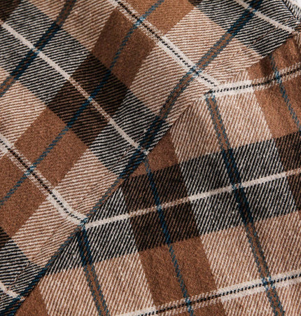 Checkered Hooded Plaid Shirt – Loose Fit fabric close-up showing brown and black plaid pattern.