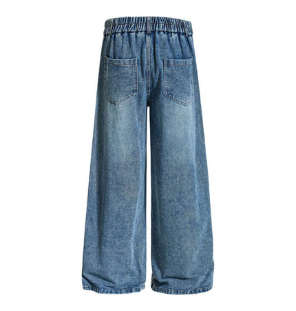 Back view of Cartoon Patch College Denim Pants showcasing a relaxed fit and elastic waistband.