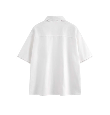 Minimal Casual Loose Short Sleeve Shirt in white, showcasing the back and flip collar design.
