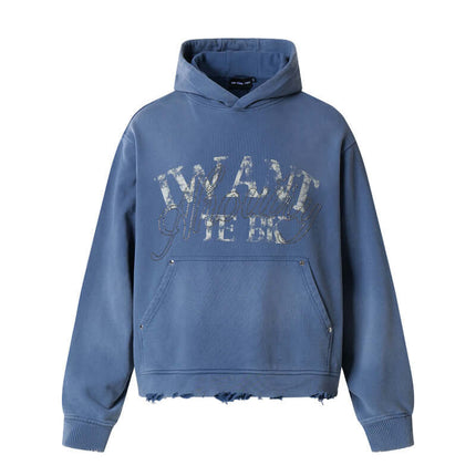 Washed Rhinestone Letter Hoodie – Loose Fit in vintage blue with rhinestone embellishments and a relaxed fit.