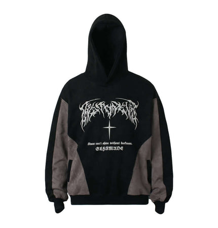 Patchwork High Neck Hoodie – Loose Fit featuring a black and gray design with striking graphics and comfortable fit.