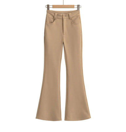 High Elastic Micro Flare Casual Pants hanging on a wooden hanger, showcasing a beige color and modern design.