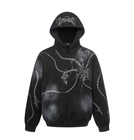 Distressed chain cross hoodie | Streetwear pullover hoodie | Unisex loose fit hoodie | Trendy cross print sweatshirt | Casual street style hoodie | Black and red hoodie