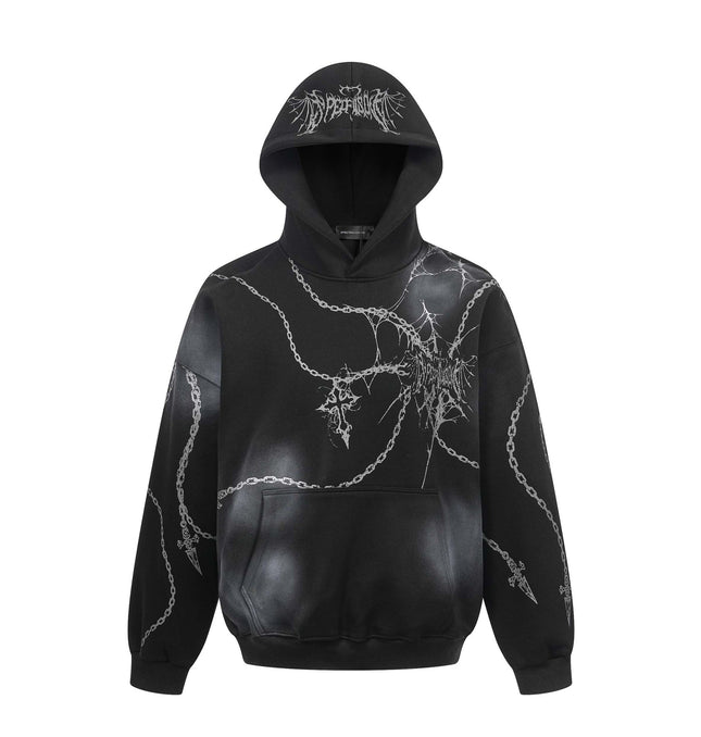 Distressed chain cross hoodie | Streetwear pullover hoodie | Unisex loose fit hoodie | Trendy cross print sweatshirt | Casual street style hoodie | Black and red hoodie