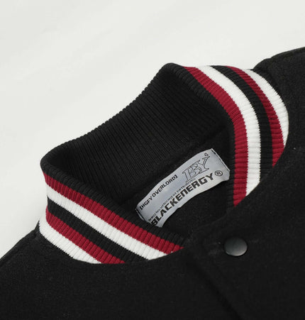 Heavy Embroidery Baseball Jacket – Thick Fit cropped view of collar and label detailing.