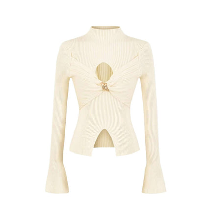 Metal Knot Hollow-Out Flare Sleeve Knit Top in cream with hollow-out design and flared sleeves.
