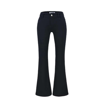 Retro Low Waist Flared Denim Pants shown in black color, featuring a button closure and flared leg for a trendy street style.