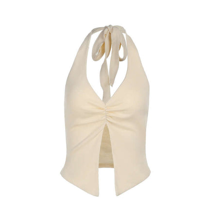 Split Neck Suspender Top – Slim Fit in soft beige with a stylish split neckline and tied straps.