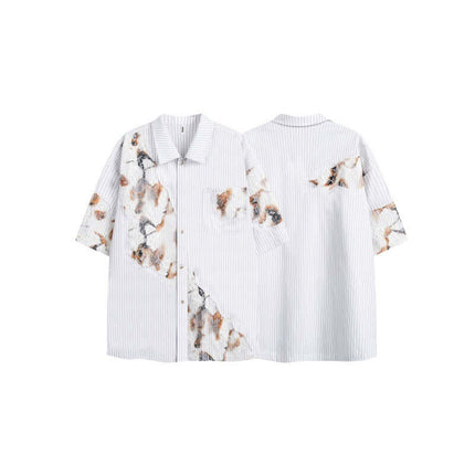 Flame Lace Patchwork Shirt – Loose Fit featuring artistic patchwork and a bold striped design.