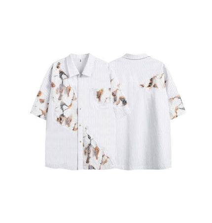 Flame Lace Patchwork Shirt – Loose Fit featuring artistic patchwork and a bold striped design.