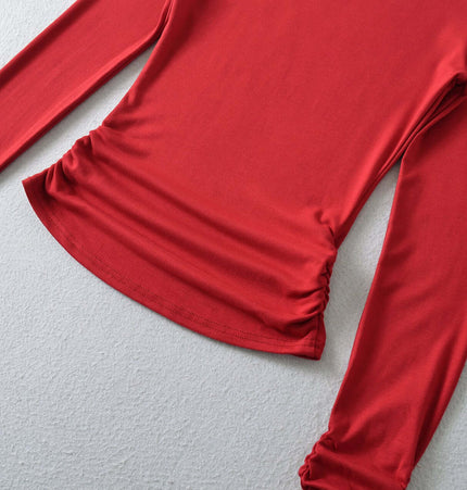 SculptFit High-Neck Long Sleeve Top in red, featuring a sleek design and soft, stretchy fabric.