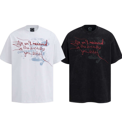 Retro Washed Face Letter TShirt – Loose Fit in white and black, featuring expressive graphic prints.