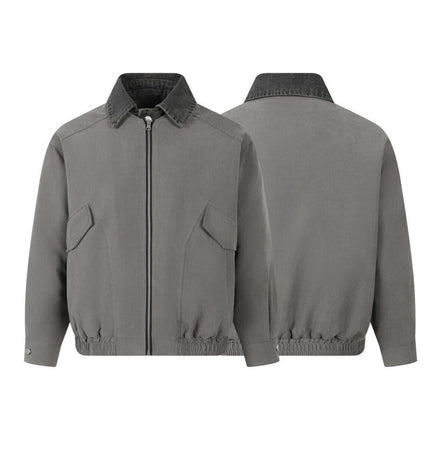 Workwear Cotton Jacket - Loose Fit in gray with flip collar and pocket details, front and back view.