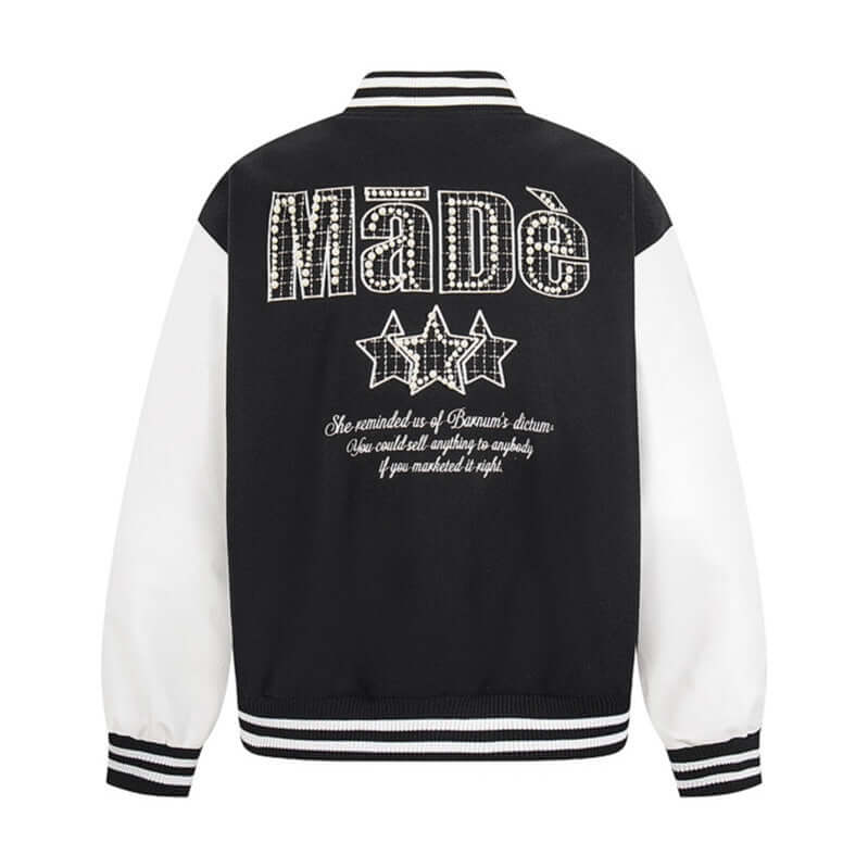 Black patchwork paneled beaded jacket with Grozavu logo