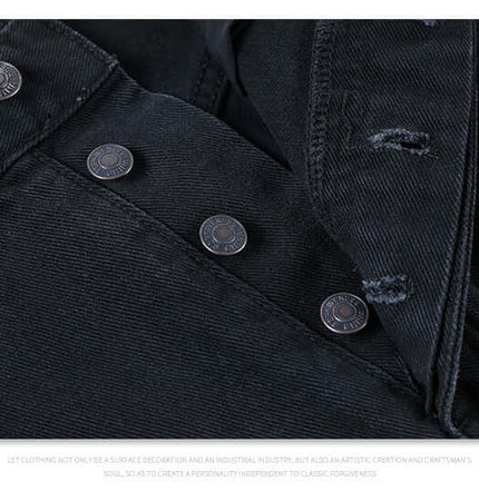 Close-up of button fly closure on Straight Loose Fit Denim Jeans, showcasing durable black cotton denim texture.