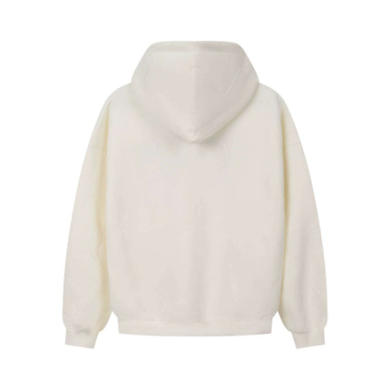 Back view of the Embroidered Letter Hoodie – Loose Fit in white, showcasing its comfortable fit and design.