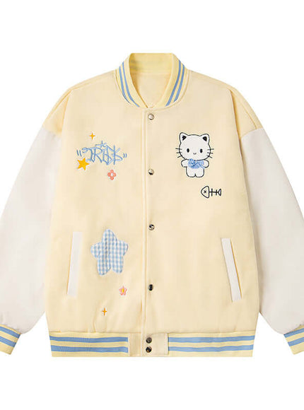 Close-up of Black embroidery cute cat baseball jacket fabric