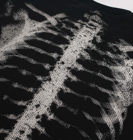 Dark Skeleton Print Hoodie – Loose Fit featuring a striking skeleton graphic design on a black background.