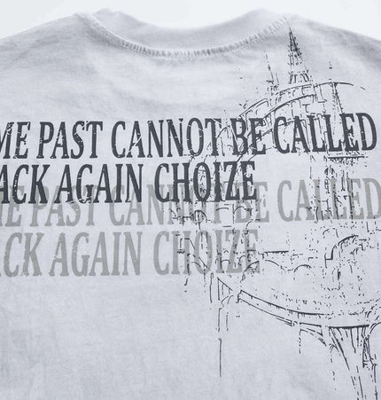 Retro Washed Face Letter TShirt – Loose Fit featuring graphic text "TIME PAST CANNOT BE CALLED BACK AGAIN CHOZE".