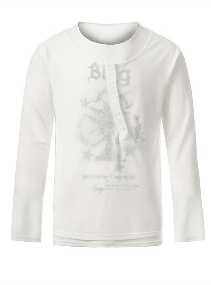 Model wearing White abstract print round neck sleeve by Grozavu