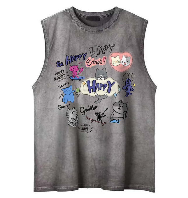 Cartoon Print Cotton Tank Top – Loose Fit featuring playful cartoon graphics and a relaxed fit.