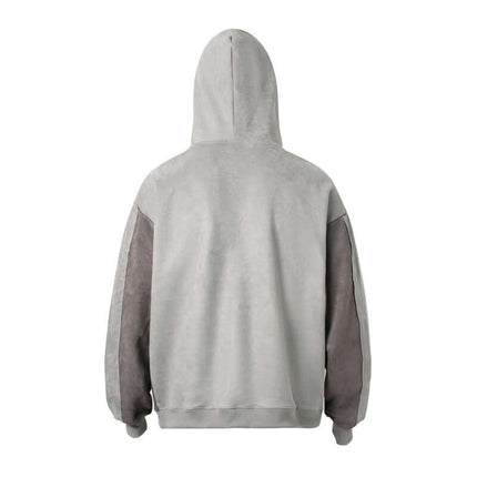 Back view of Patchwork High Neck Hoodie – Loose Fit showcasing a unique patchwork design and cozy fabric.