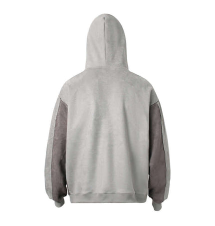 Back view of Patchwork High Neck Hoodie – Loose Fit showcasing a unique patchwork design and cozy fabric.