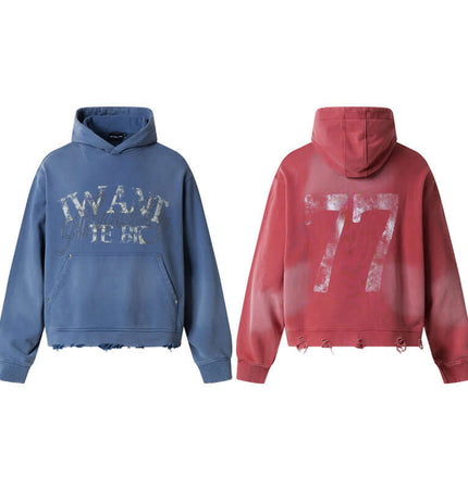 Washed Rhinestone Letter Hoodie – Loose Fit showcasing front and back designs in blue and red color schemes.