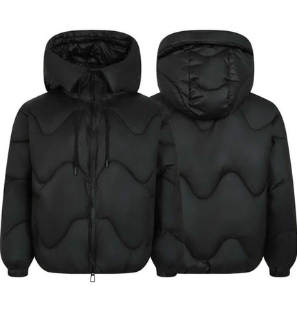 Wave Design Puffer Coat – Loose Fit in Black with distinct wave pattern and hooded design for winter warmth.