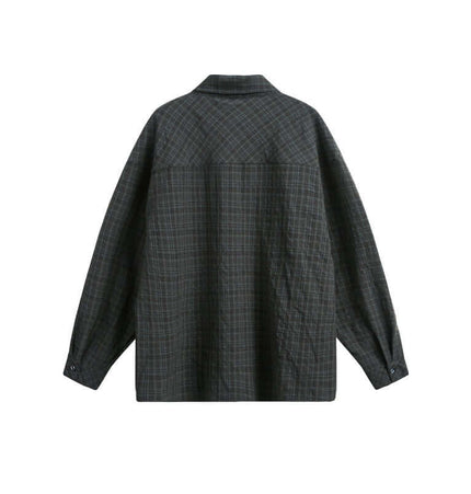 Back view of the Color Block Plaid Shirt – Loose Fit showcasing a dark green plaid pattern and loose silhouette.