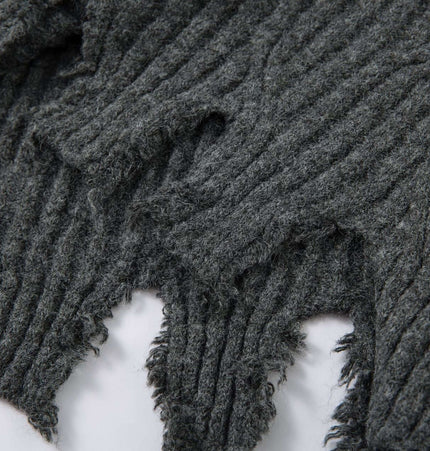 Ripped Hem Knit Cardigan – Loose Fit showing distressed fabric details and textured design.