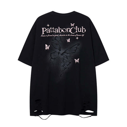 Butterfly Print TShirt – Loose Fit featuring a distressed butterfly design on a black oversized tee.