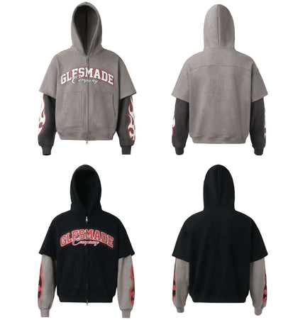 Faux Suede Print Zip-Up Hoodie – Loose Fit showcasing front and back views with unique design details.