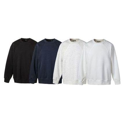Round Neck Patchwork Pullover Hoodie in four colors: black, navy, grey, and white.