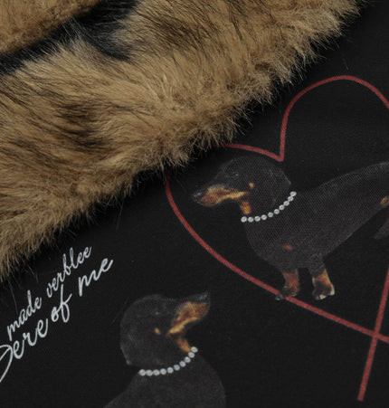 Close-up of the Retro Dachshund Hoodie - Loose Fit showcasing vintage dachshund graphic with fur detail.