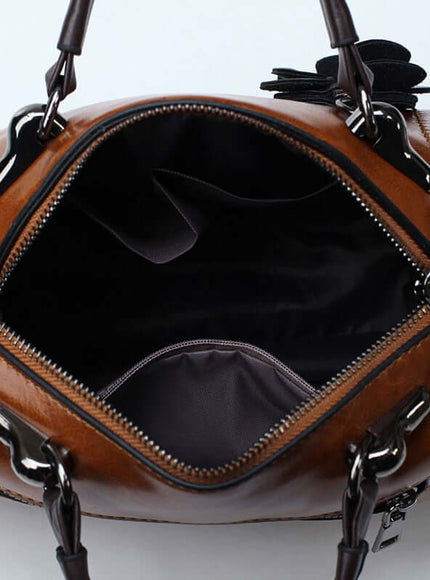 Model wearing Brown flower shoulder bag by Grozavu