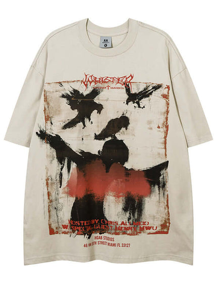 Close-up of White crow graphic short sleeve fabric
