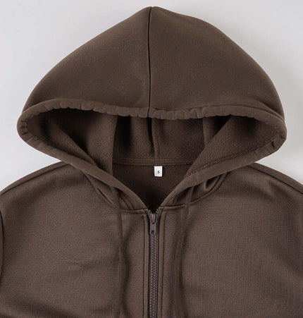 Solid Color Zip Hoodie – Casual Fit with hood in classic brown color, showcasing durable polyester and full zipper design.