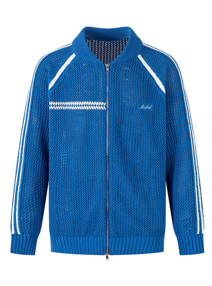 Blue sweater jacket hollowed out with Grozavu logo