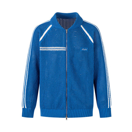 Blue sweater jacket hollowed out with Grozavu logo