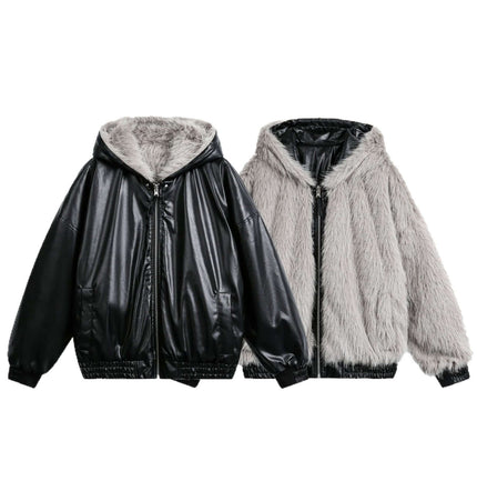 Oversized Reversible Hooded Parka in black faux leather and grey fur, showcasing versatile cold-weather styles.