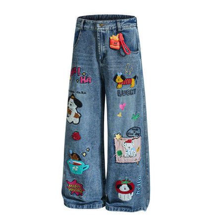Cartoon Patch College Denim Pants featuring playful cartoon embroidery and a wide-leg design.