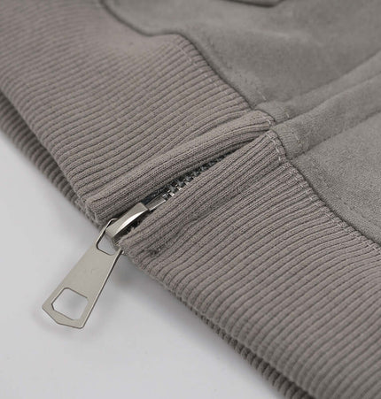 Faux Suede Print Zip-Up Hoodie – Loose Fit showing zipper detail and soft fabric texture for premium comfort.